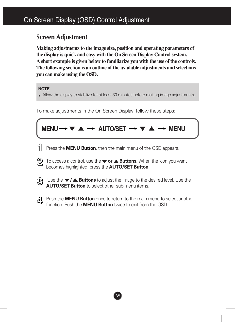 On screen display (osd) control adjustment, Screen adjustment, Auto/set menu menu | LG W2241T-PF User Manual | Page 10 / 23