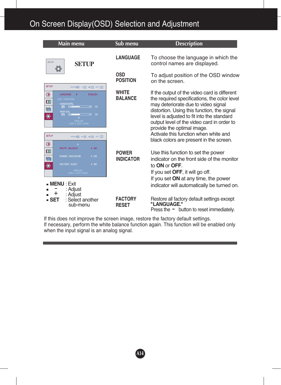 Setup, On screen display(osd) selection and adjustment | LG W2241T-PF User Manual | Page 15 / 23