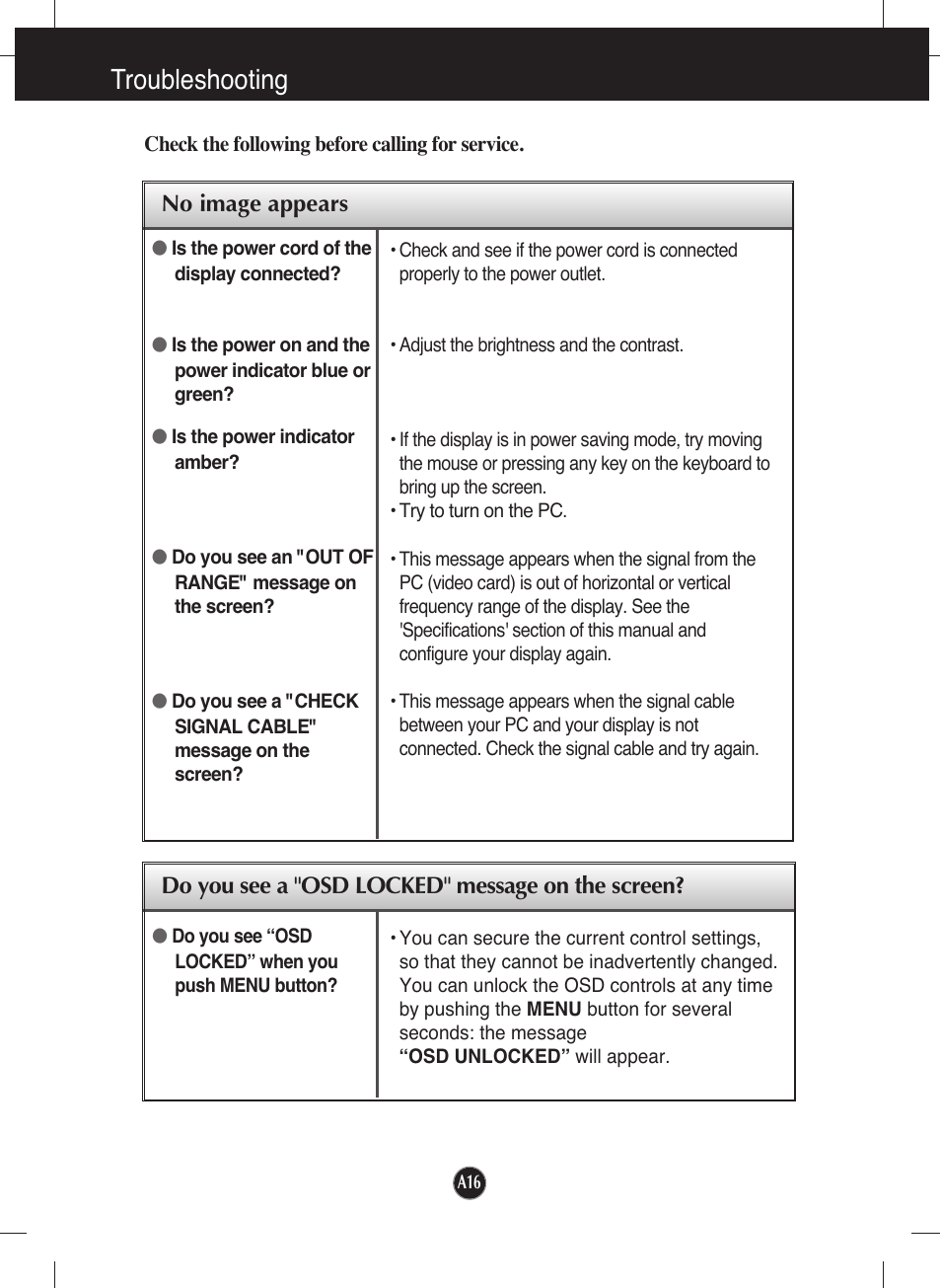 Troubleshooting, No image appears, Do you see a "osd locked" message on the screen | LG W2241T-PF User Manual | Page 17 / 23