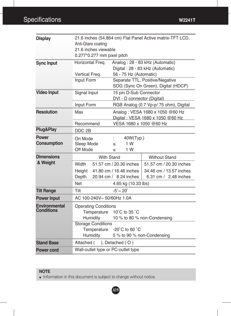 Specifications | LG W2241T-PF User Manual | Page 20 / 23