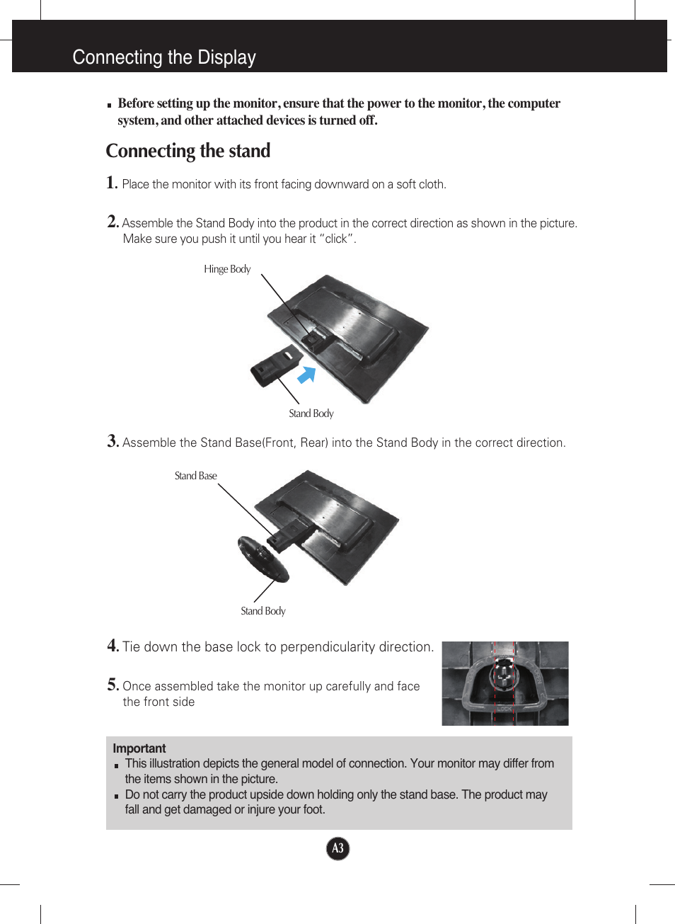 Connecting the display, Connecting the stand | LG W2241T-PF User Manual | Page 4 / 23