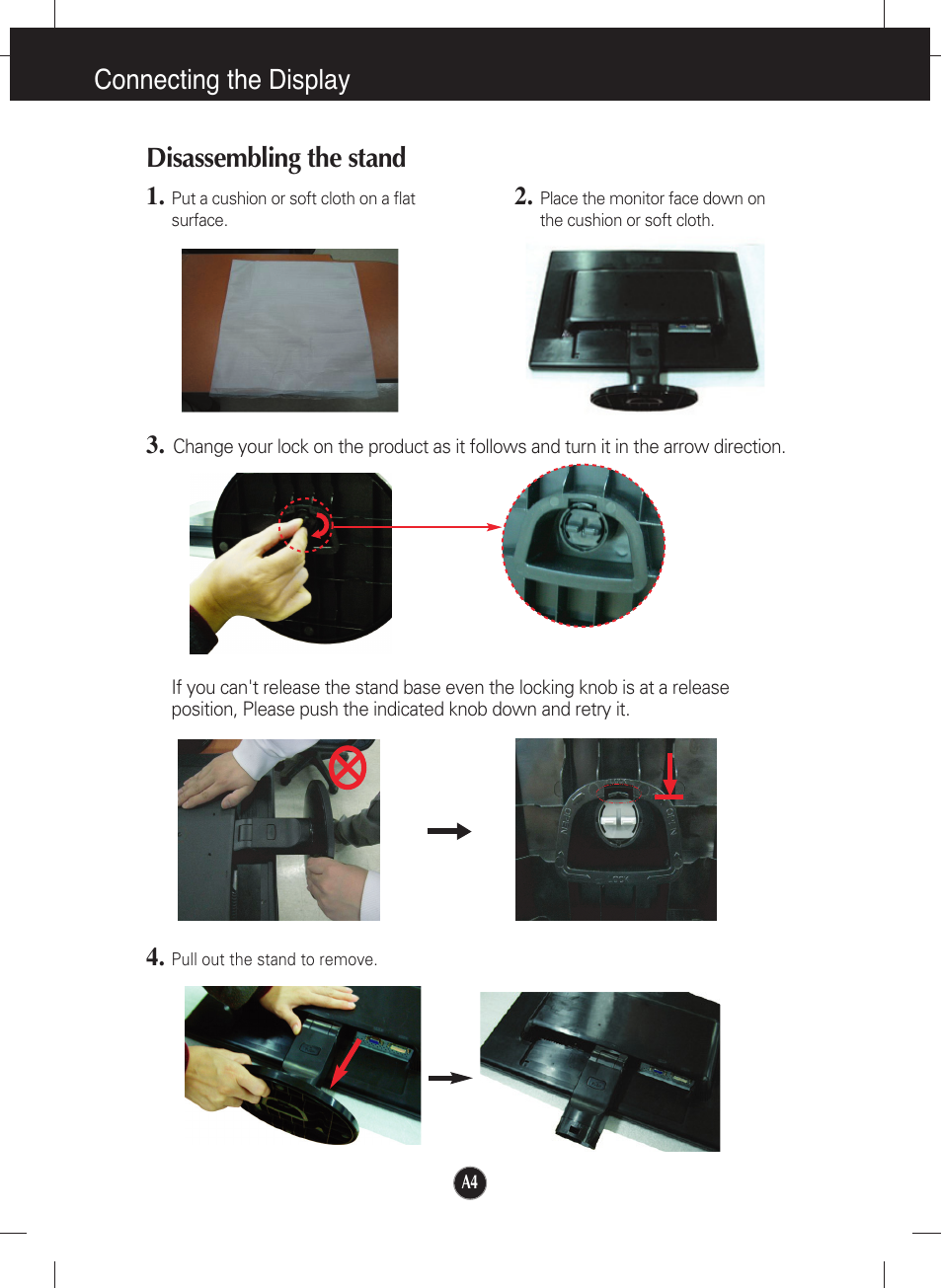 Disassembling the stand, Connecting the display disassembling the stand | LG W2241T-PF User Manual | Page 5 / 23