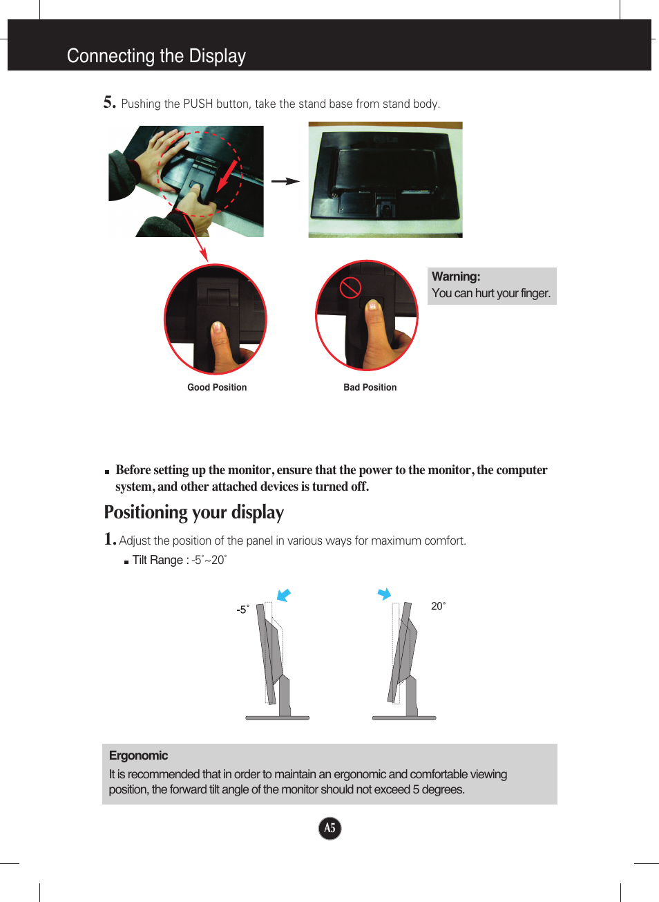 Positioning your display, Connecting the display | LG W2241T-PF User Manual | Page 6 / 23