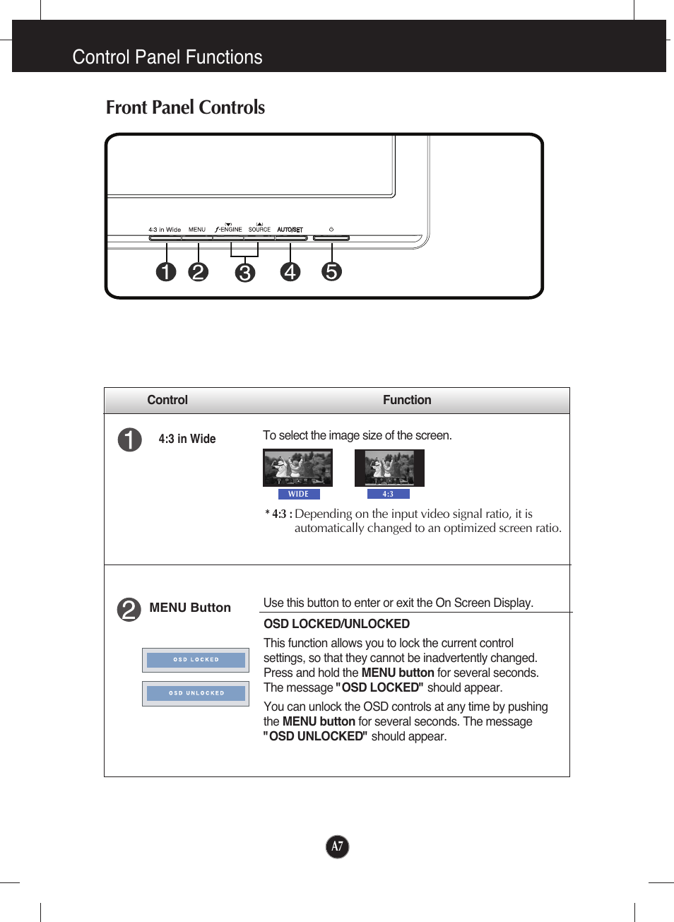Control panel functions, Front panel controls | LG W2241T-PF User Manual | Page 8 / 23