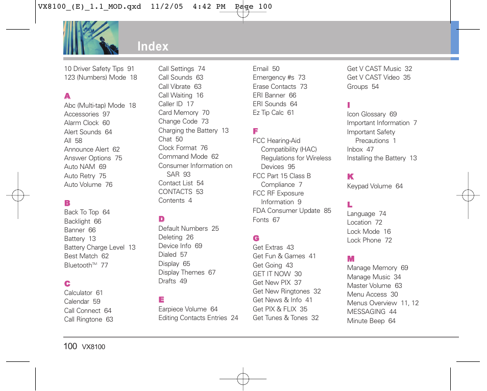 Index | LG VX8100 User Manual | Page 101 / 102