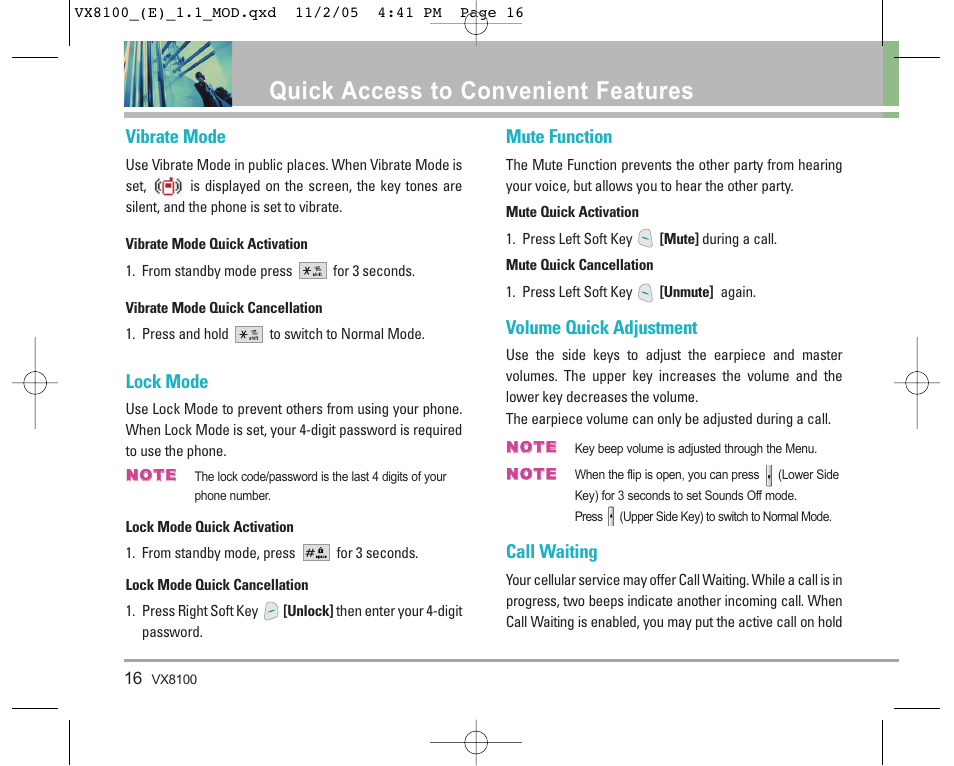 Quick access to convenient features, Vibrate mode, Lock mode | Mute function, Volume quick adjustment, Call waiting | LG VX8100 User Manual | Page 17 / 102