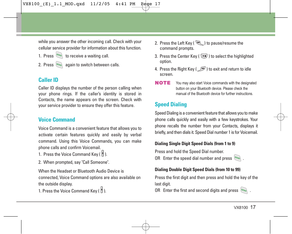 Caller id, Voice command, Speed dialing | LG VX8100 User Manual | Page 18 / 102