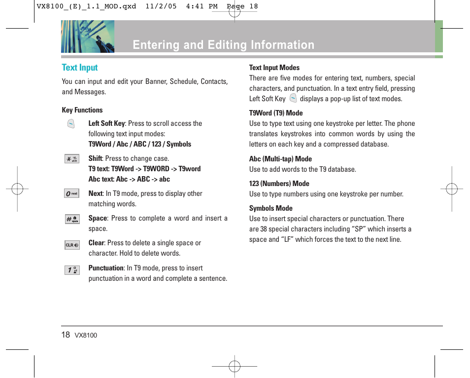 Entering and editing information, Text input | LG VX8100 User Manual | Page 19 / 102