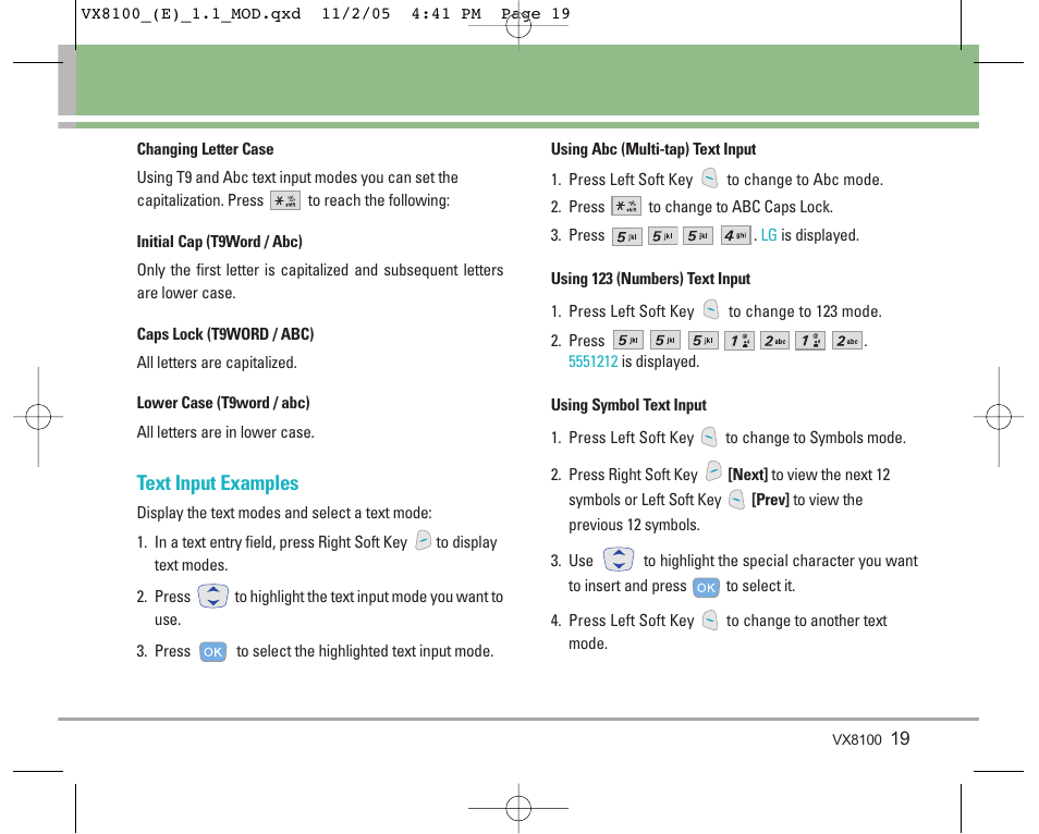 Text input examples | LG VX8100 User Manual | Page 20 / 102