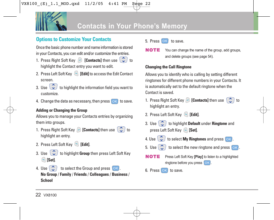 Options to customize your contacts | LG VX8100 User Manual | Page 23 / 102