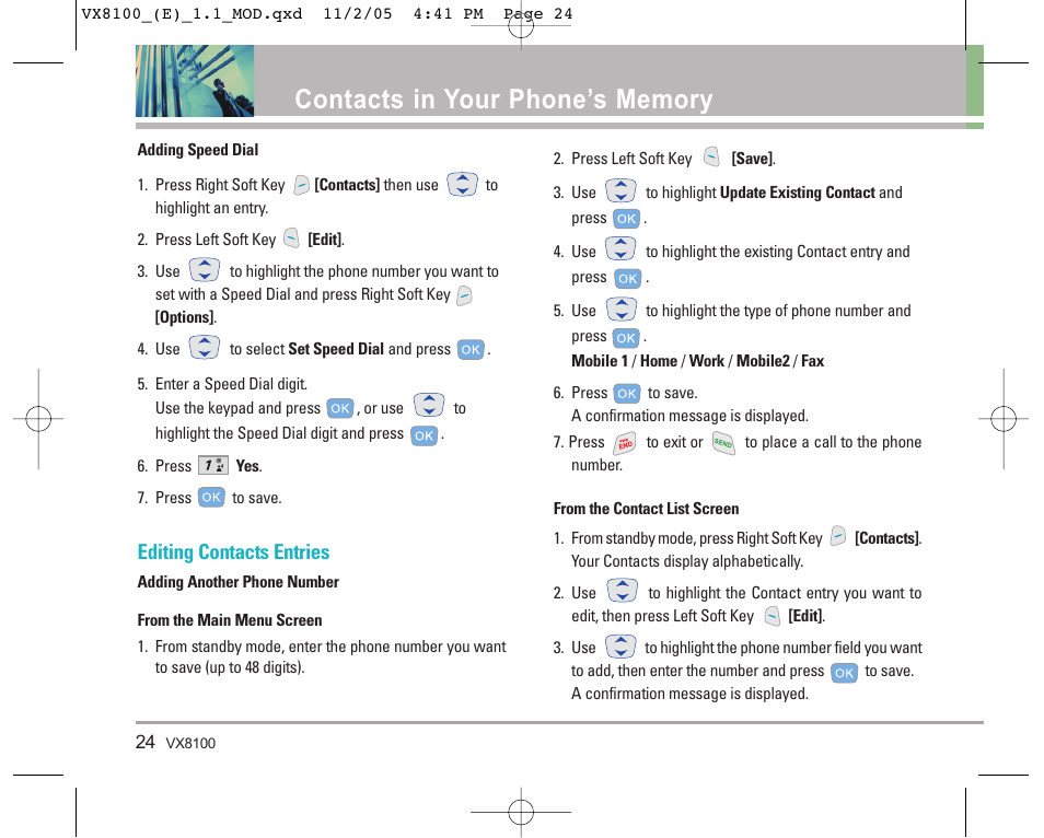 Editing contacts entries | LG VX8100 User Manual | Page 25 / 102