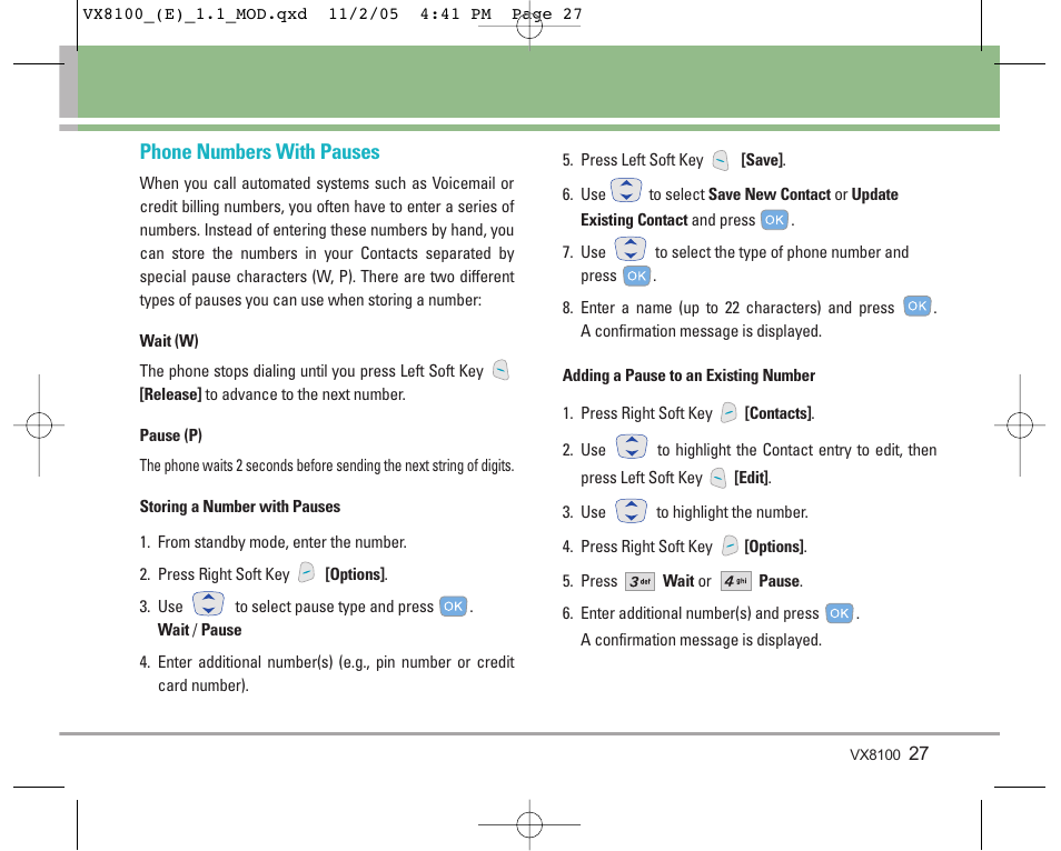 Phone numbers with pauses | LG VX8100 User Manual | Page 28 / 102