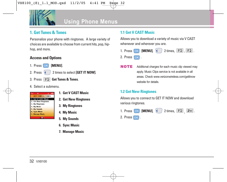 Using phone menus, Get tunes & tones | LG VX8100 User Manual | Page 33 / 102