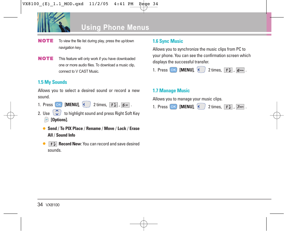 Using phone menus | LG VX8100 User Manual | Page 35 / 102