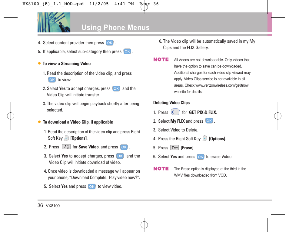 Using phone menus | LG VX8100 User Manual | Page 37 / 102