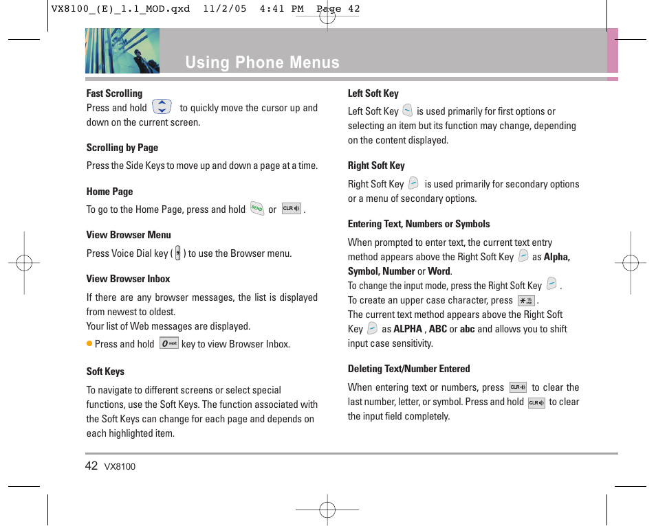 Using phone menus | LG VX8100 User Manual | Page 43 / 102