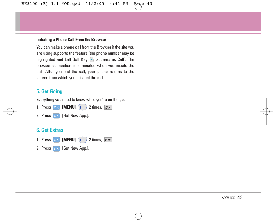 Get going, Get extras | LG VX8100 User Manual | Page 44 / 102