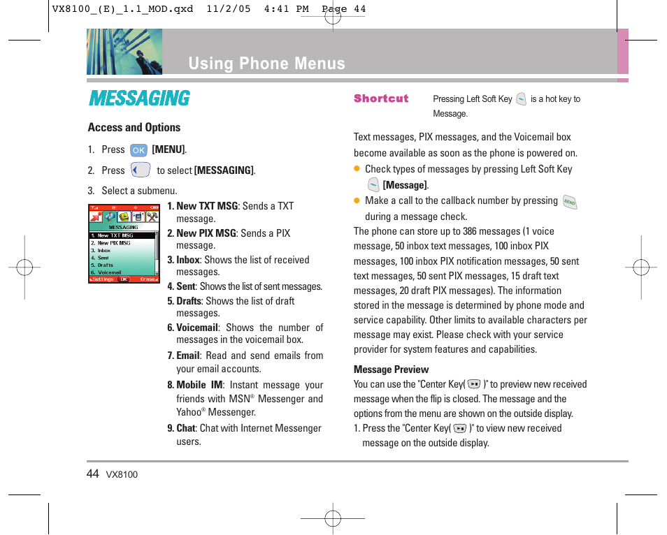 Mme es ss sa ag giin ng g, Using phone menus | LG VX8100 User Manual | Page 45 / 102