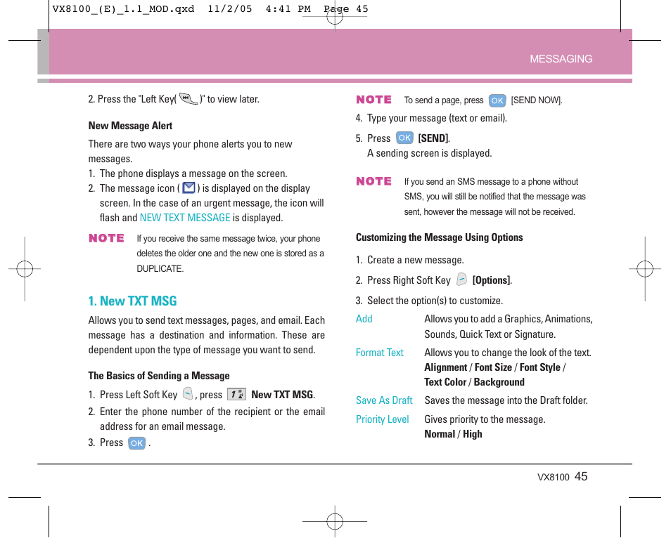 New txt msg | LG VX8100 User Manual | Page 46 / 102