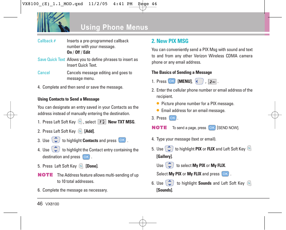 Using phone menus, New pix msg | LG VX8100 User Manual | Page 47 / 102