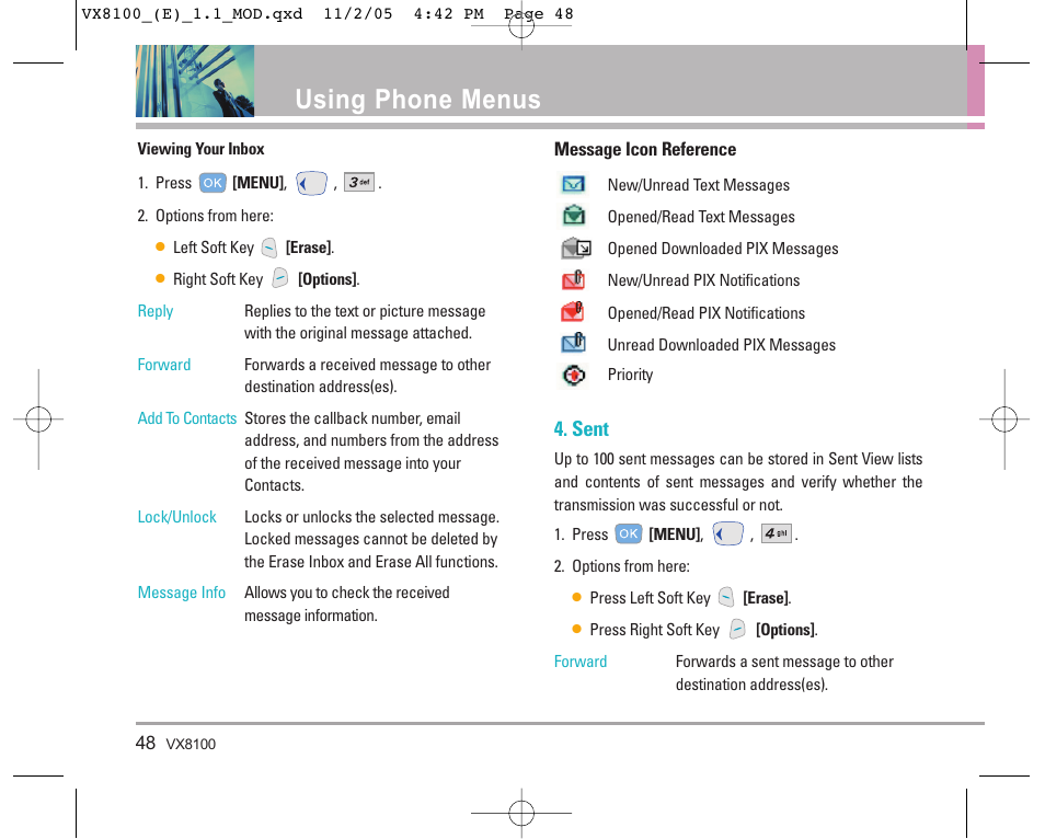 Using phone menus, Sent | LG VX8100 User Manual | Page 49 / 102