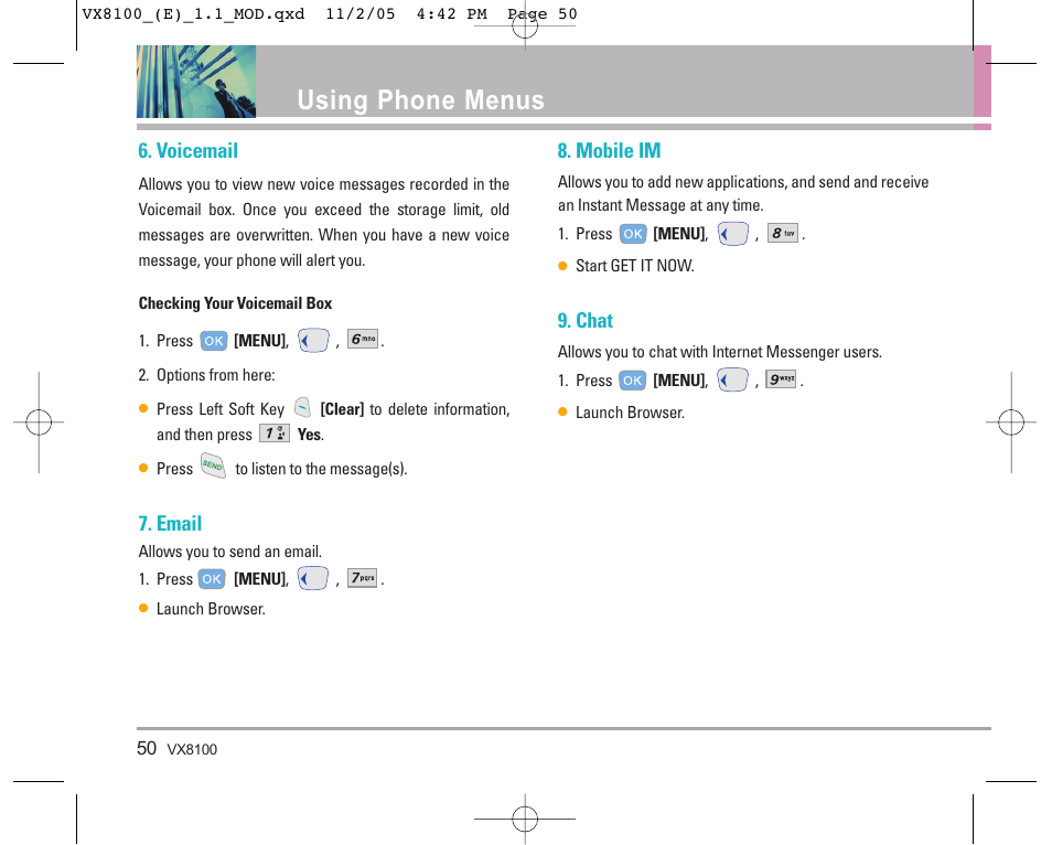 Using phone menus, Voicemail, Email | Mobile im, Chat | LG VX8100 User Manual | Page 51 / 102