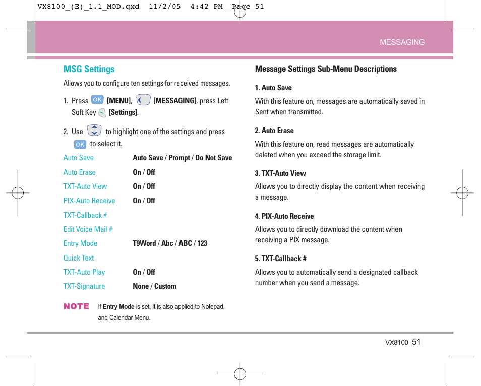 Msg settings | LG VX8100 User Manual | Page 52 / 102