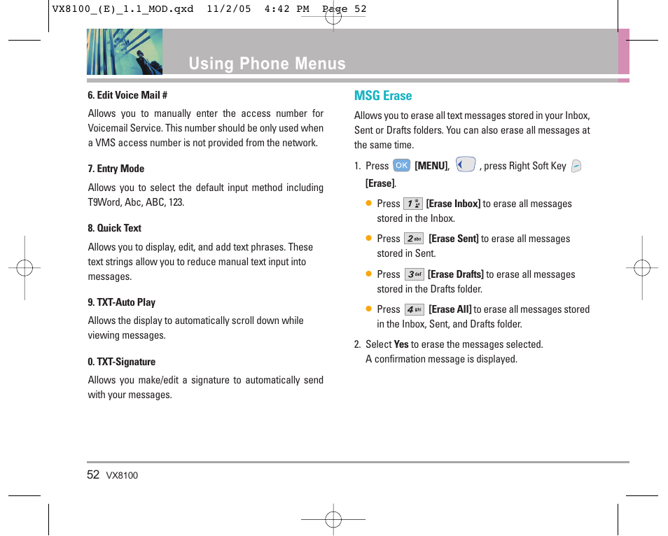 Using phone menus, Msg erase | LG VX8100 User Manual | Page 53 / 102