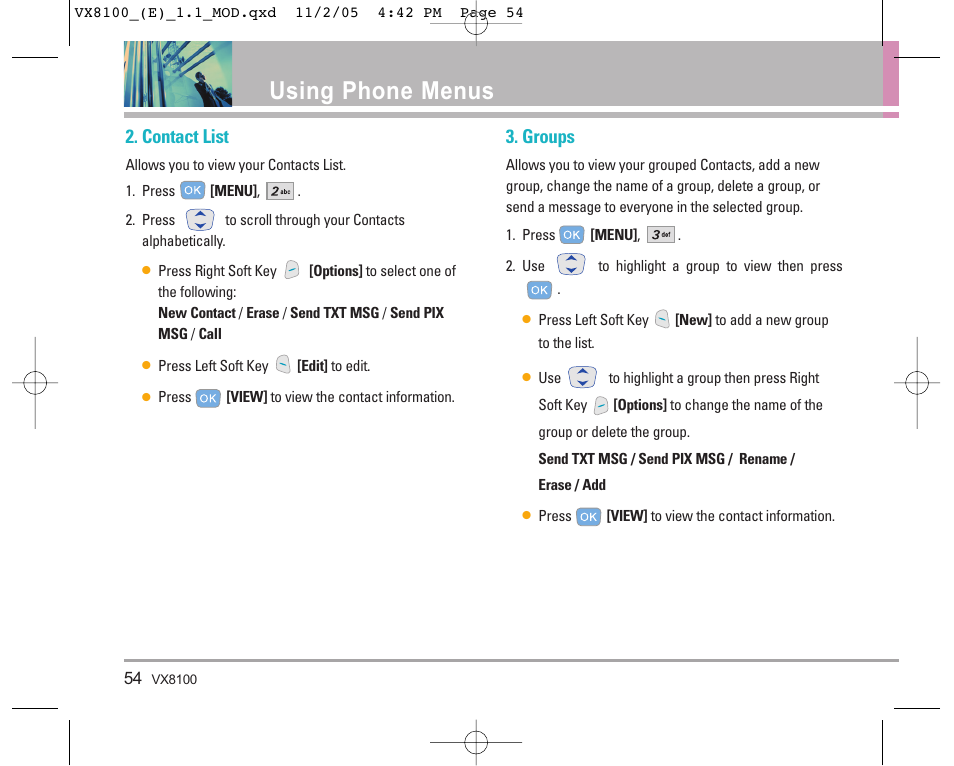 Using phone menus, Contact list, Groups | LG VX8100 User Manual | Page 55 / 102