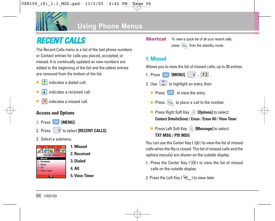 Using phone menus | LG VX8100 User Manual | Page 57 / 102