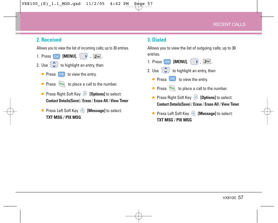 Received, Dialed | LG VX8100 User Manual | Page 58 / 102