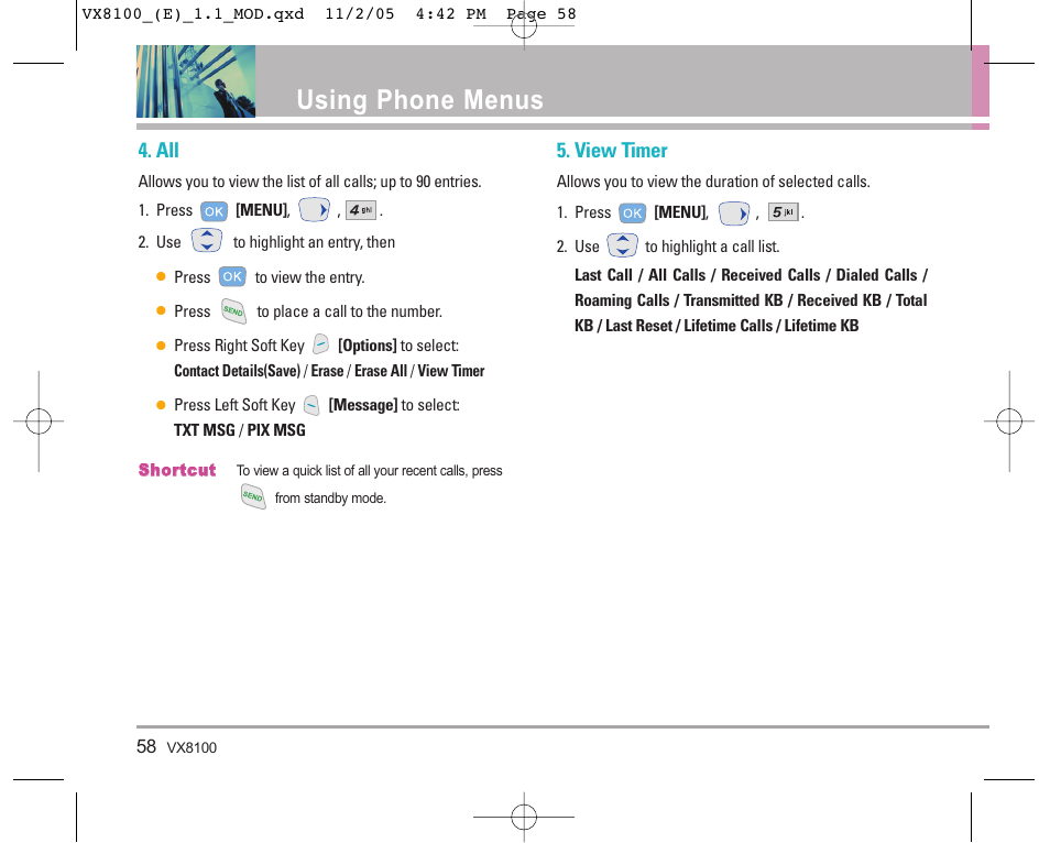 Using phone menus, View timer | LG VX8100 User Manual | Page 59 / 102