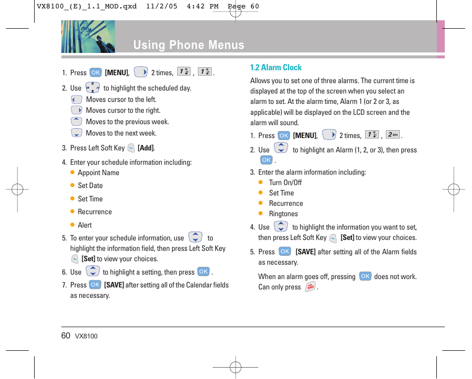 Using phone menus | LG VX8100 User Manual | Page 61 / 102