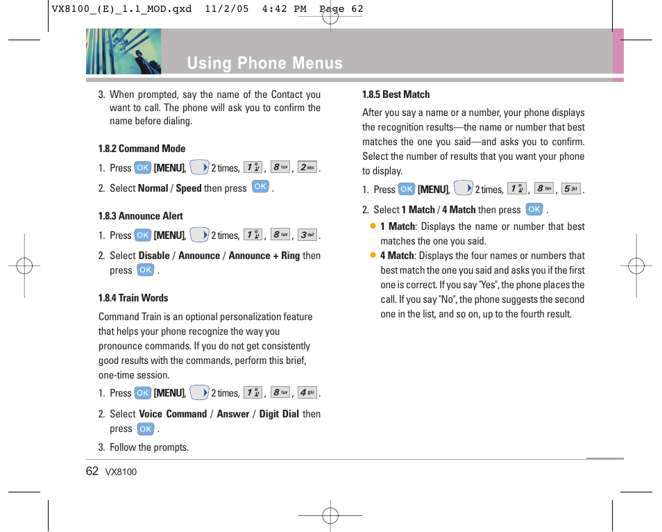 Using phone menus | LG VX8100 User Manual | Page 63 / 102