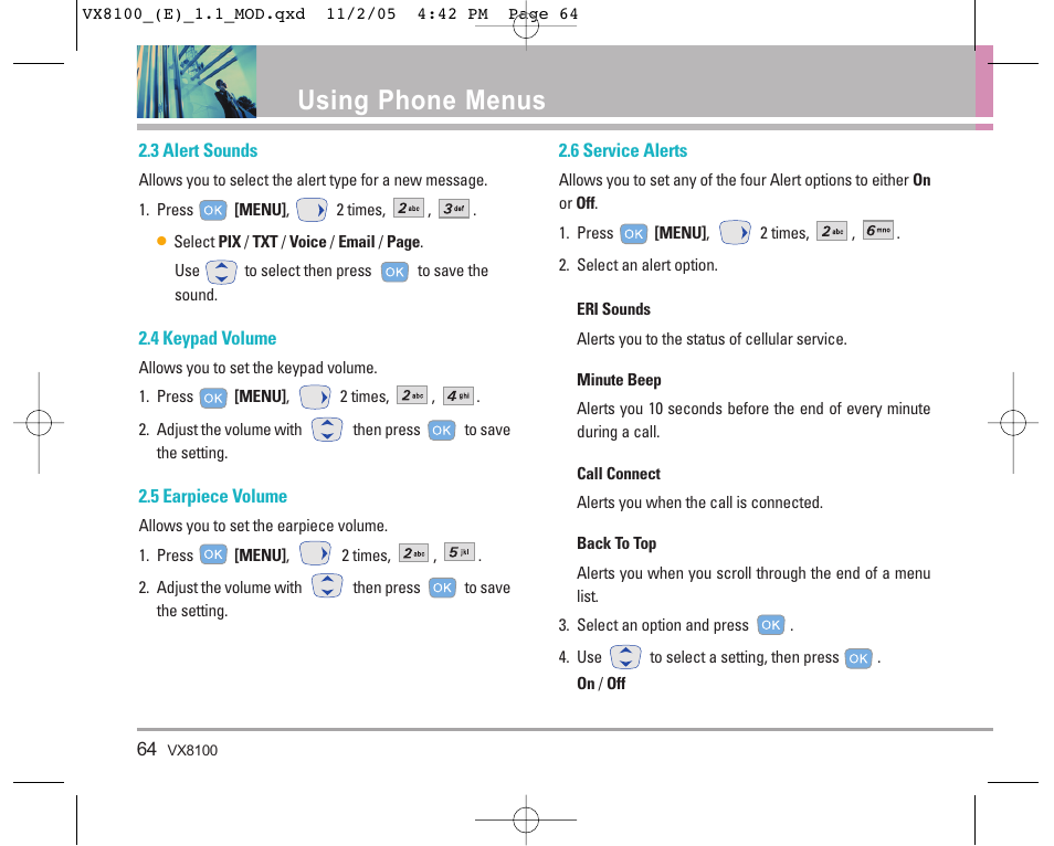 Using phone menus | LG VX8100 User Manual | Page 65 / 102