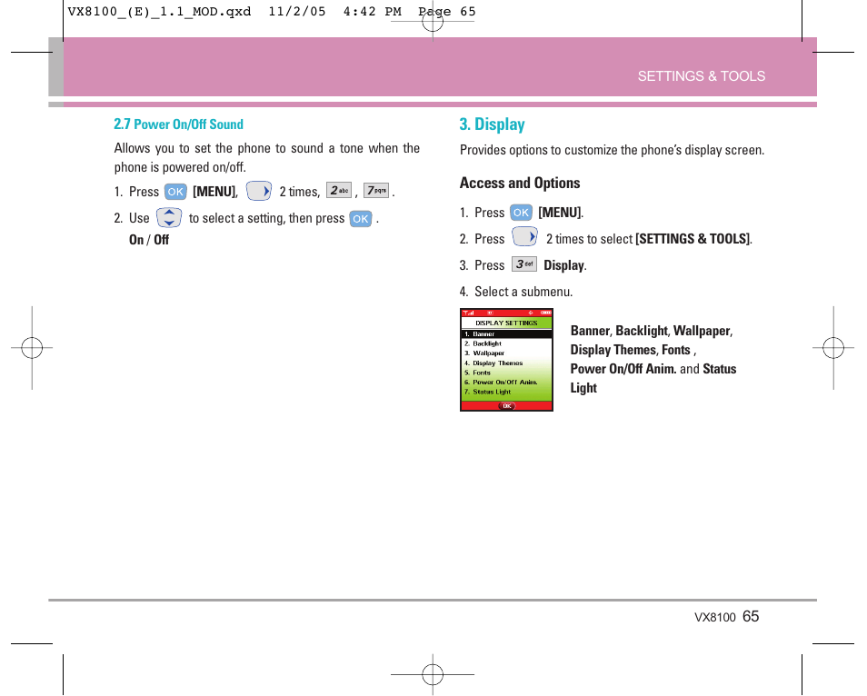 Display | LG VX8100 User Manual | Page 66 / 102