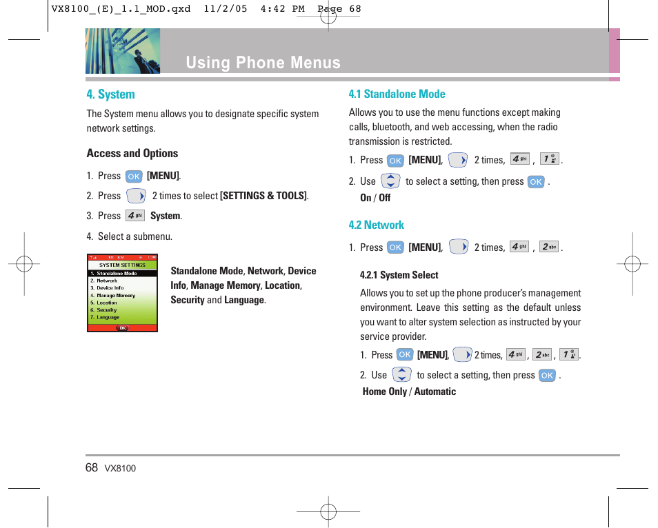 Using phone menus, System | LG VX8100 User Manual | Page 69 / 102