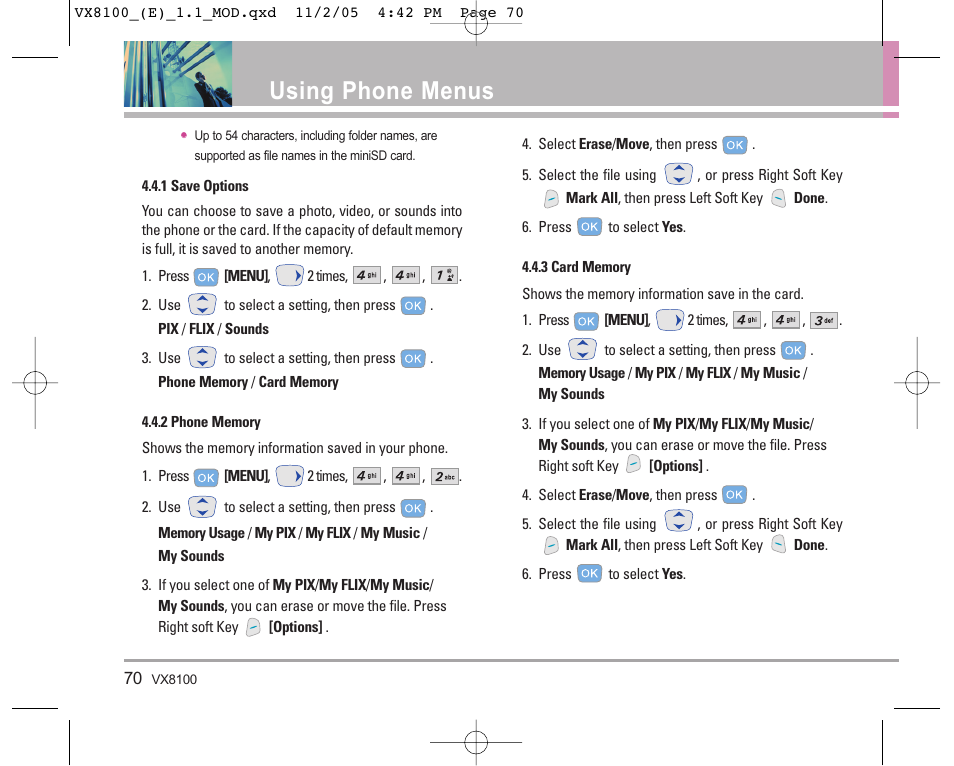 Using phone menus | LG VX8100 User Manual | Page 71 / 102