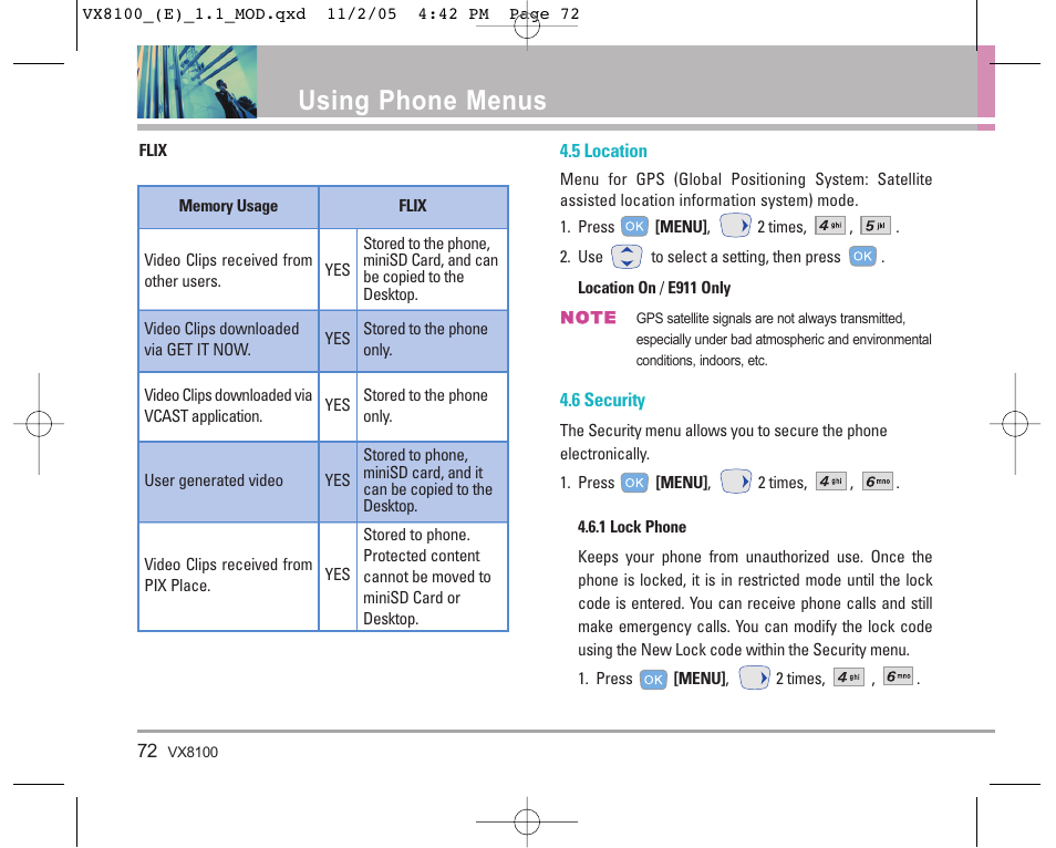 Using phone menus | LG VX8100 User Manual | Page 73 / 102