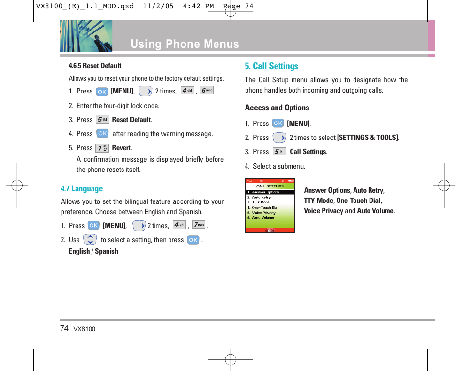 Using phone menus, Call settings | LG VX8100 User Manual | Page 75 / 102