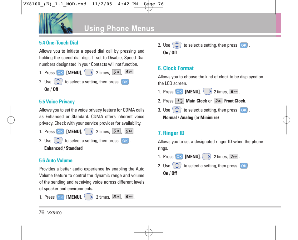 Using phone menus, Clock format, Ringer id | LG VX8100 User Manual | Page 77 / 102