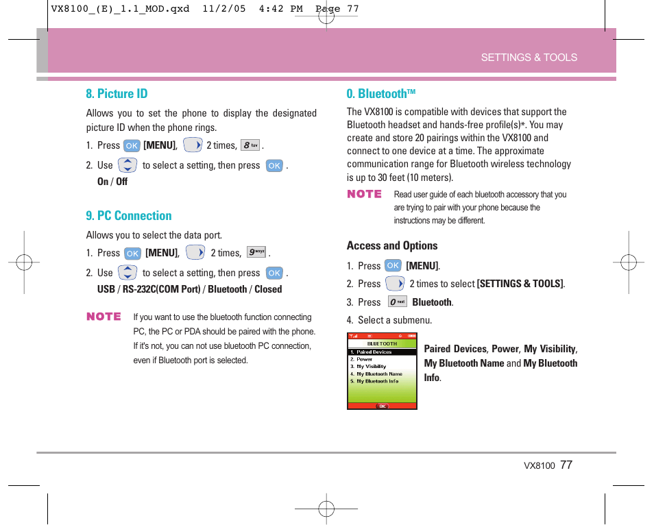 Picture id, Pc connection, Bluetooth | LG VX8100 User Manual | Page 78 / 102