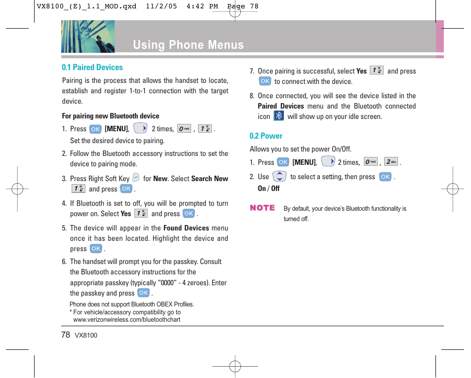 Using phone menus | LG VX8100 User Manual | Page 79 / 102