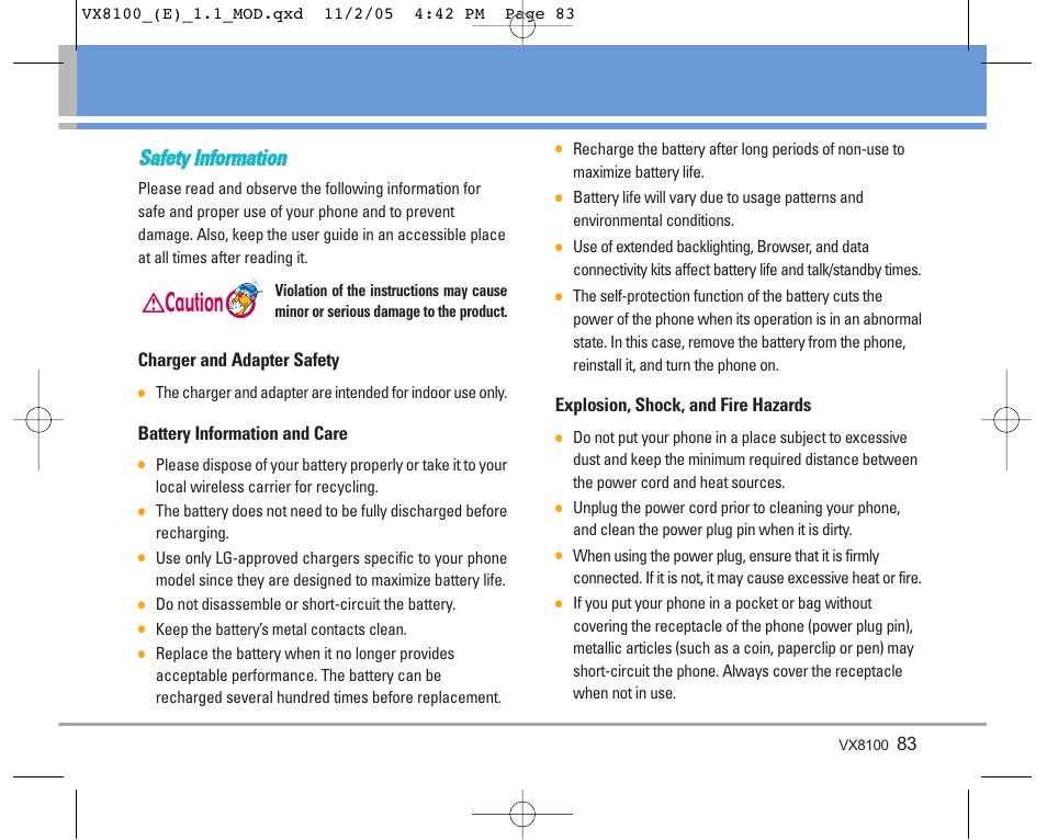 Caution, Ssa affe ettyy iin nffo orrm ma attiio on n | LG VX8100 User Manual | Page 84 / 102