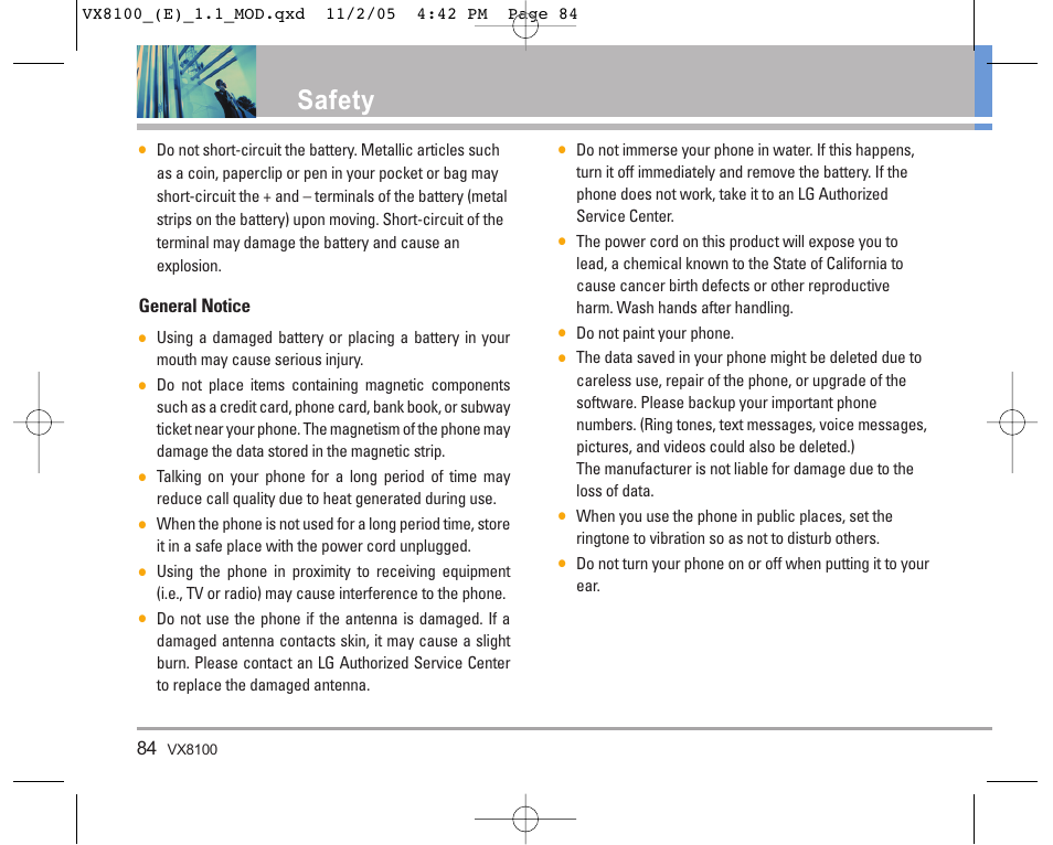 Safety, General notice | LG VX8100 User Manual | Page 85 / 102