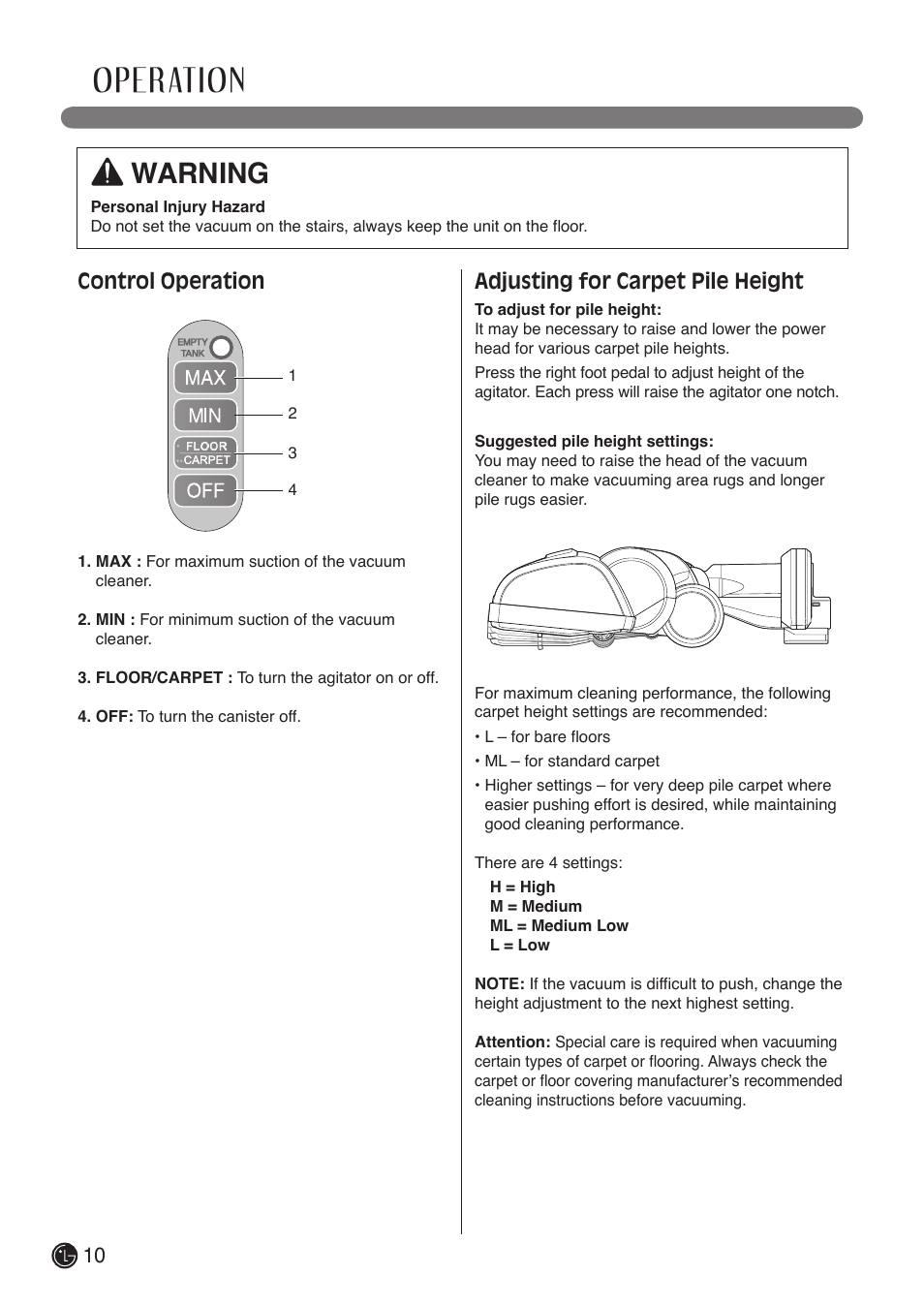 Operation, Warning, Control operation | Adjusting for carpet pile height | LG LCV900B User Manual | Page 10 / 67