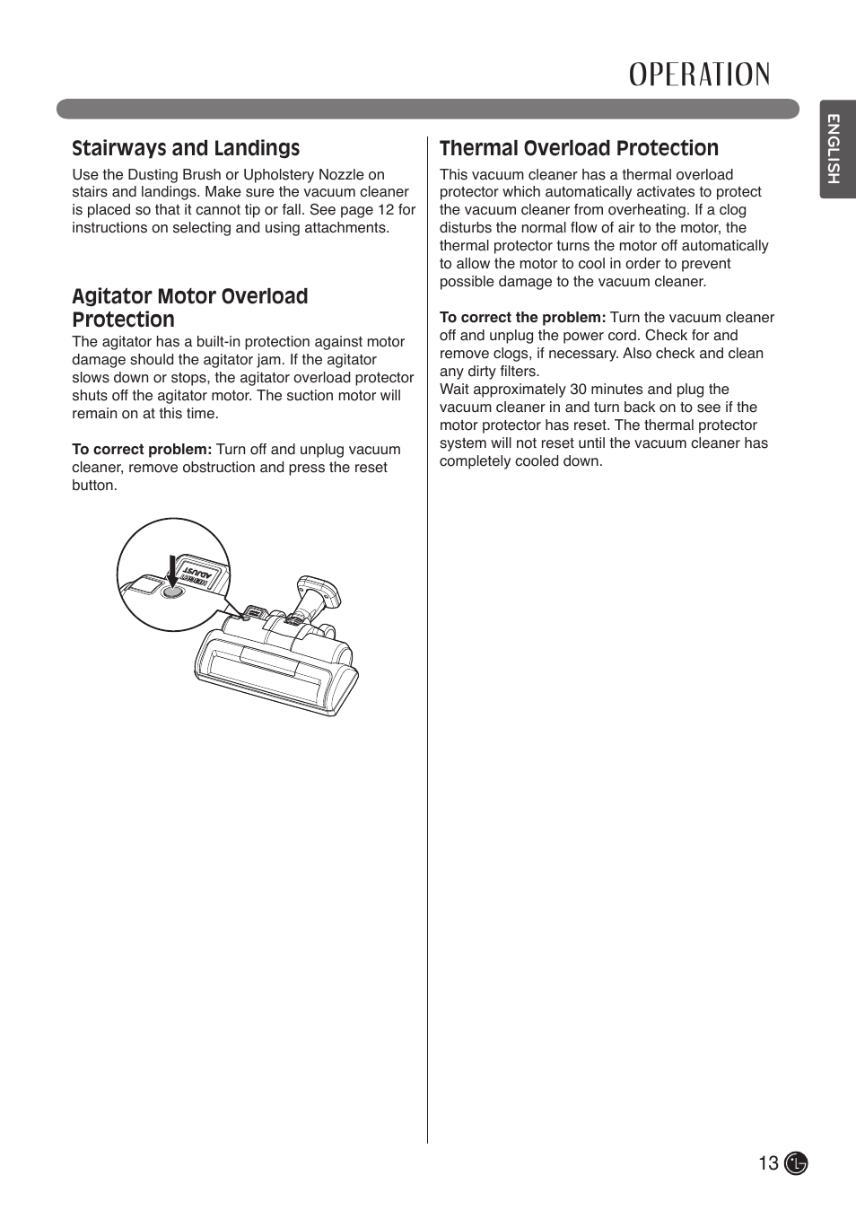 Operation, Stairways and landings, Agitator motor overload protection | Thermal overload protection | LG LCV900B User Manual | Page 13 / 67