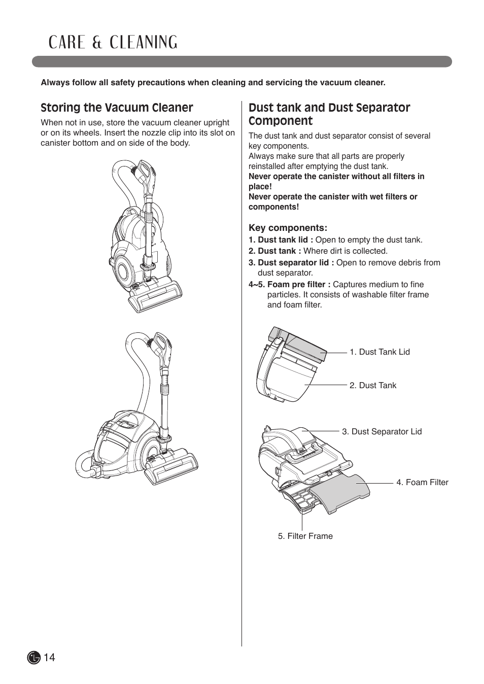 Care & cleaning, Storing the vacuum cleaner, Dust tank and dust separator component | LG LCV900B User Manual | Page 14 / 67