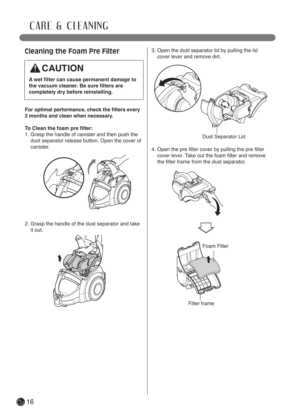 Care & cleaning, Caution, Cleaning the foam pre filter | LG LCV900B User Manual | Page 16 / 67
