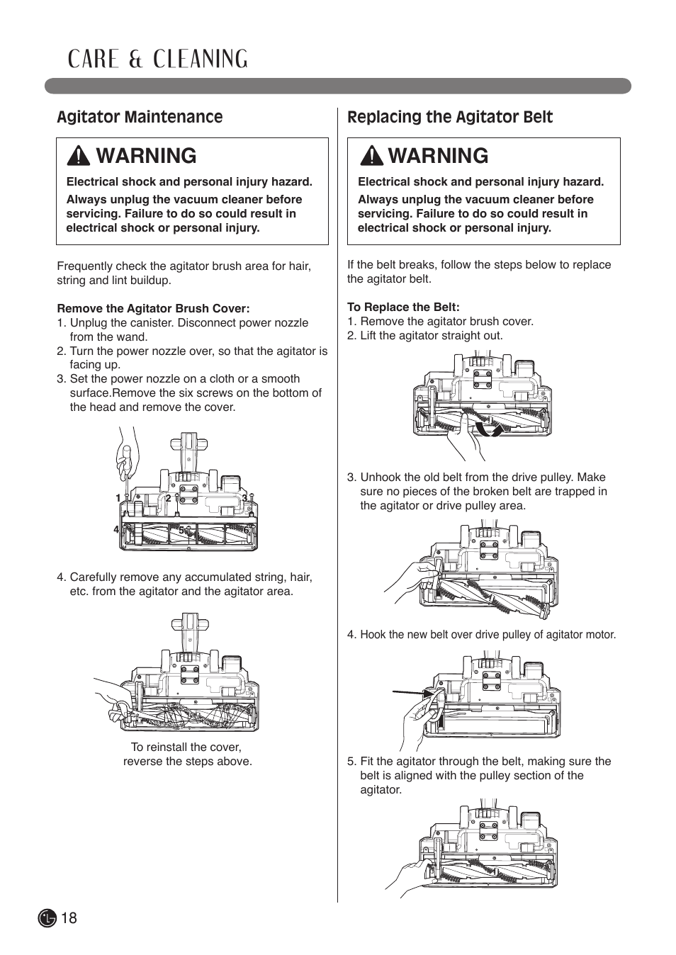 Care & cleaning, Warning, Agitator maintenance | Replacing the agitator belt | LG LCV900B User Manual | Page 18 / 67